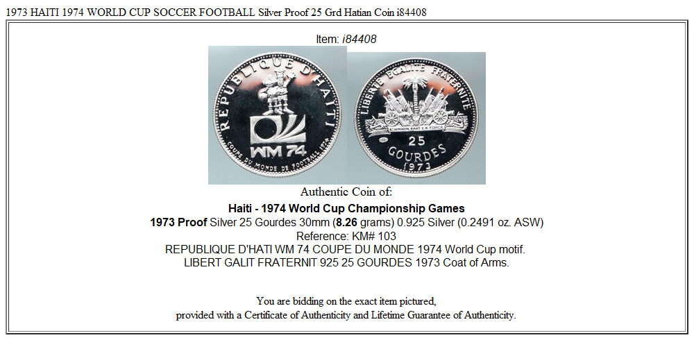 1973 HAITI 1974 WORLD CUP SOCCER FOOTBALL Silver Proof 25 Grd Hatian Coin i84408