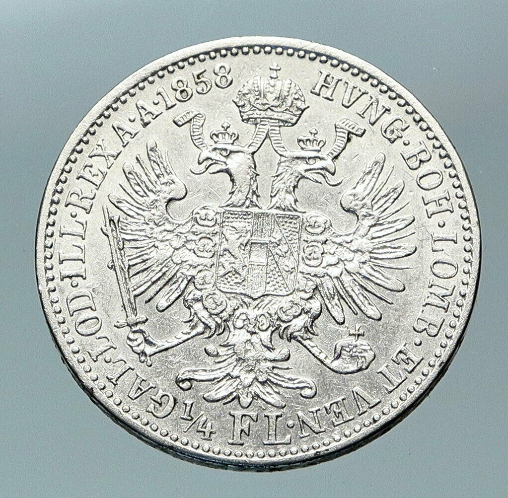 1858 AUSTRIA w KING FRANZ JOSEPH I Eagle Genuine Austrian 1/4 Florin Coin i84407