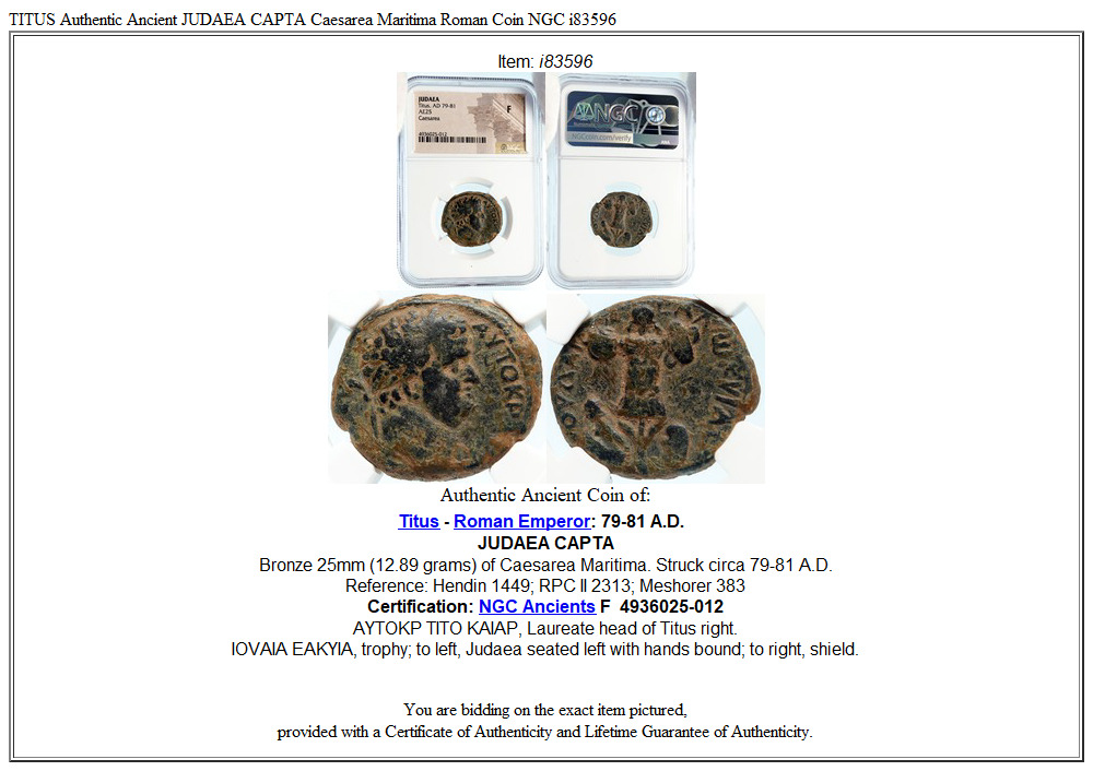 TITUS Authentic Ancient JUDAEA CAPTA Caesarea Maritima Roman Coin NGC i83596