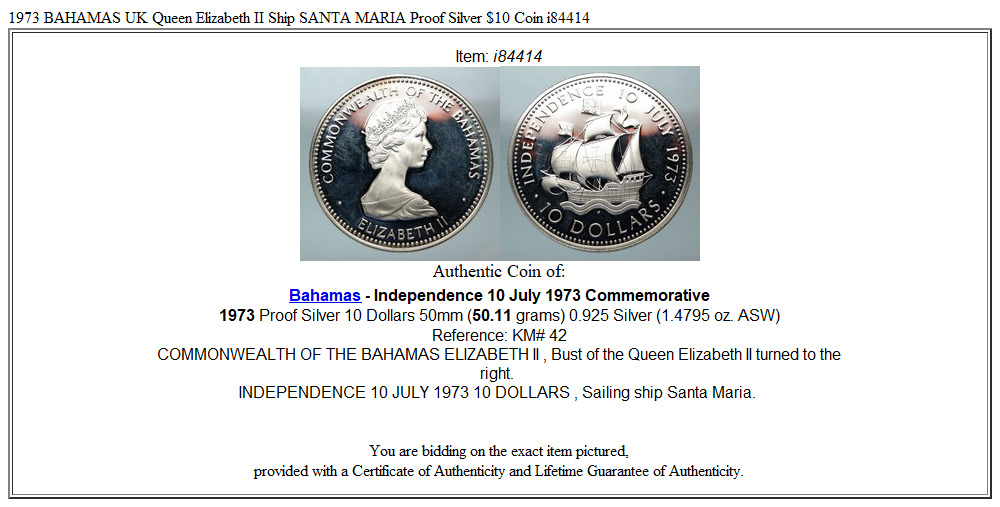 1973 BAHAMAS UK Queen Elizabeth II Ship SANTA MARIA Proof Silver $10 Coin i84414