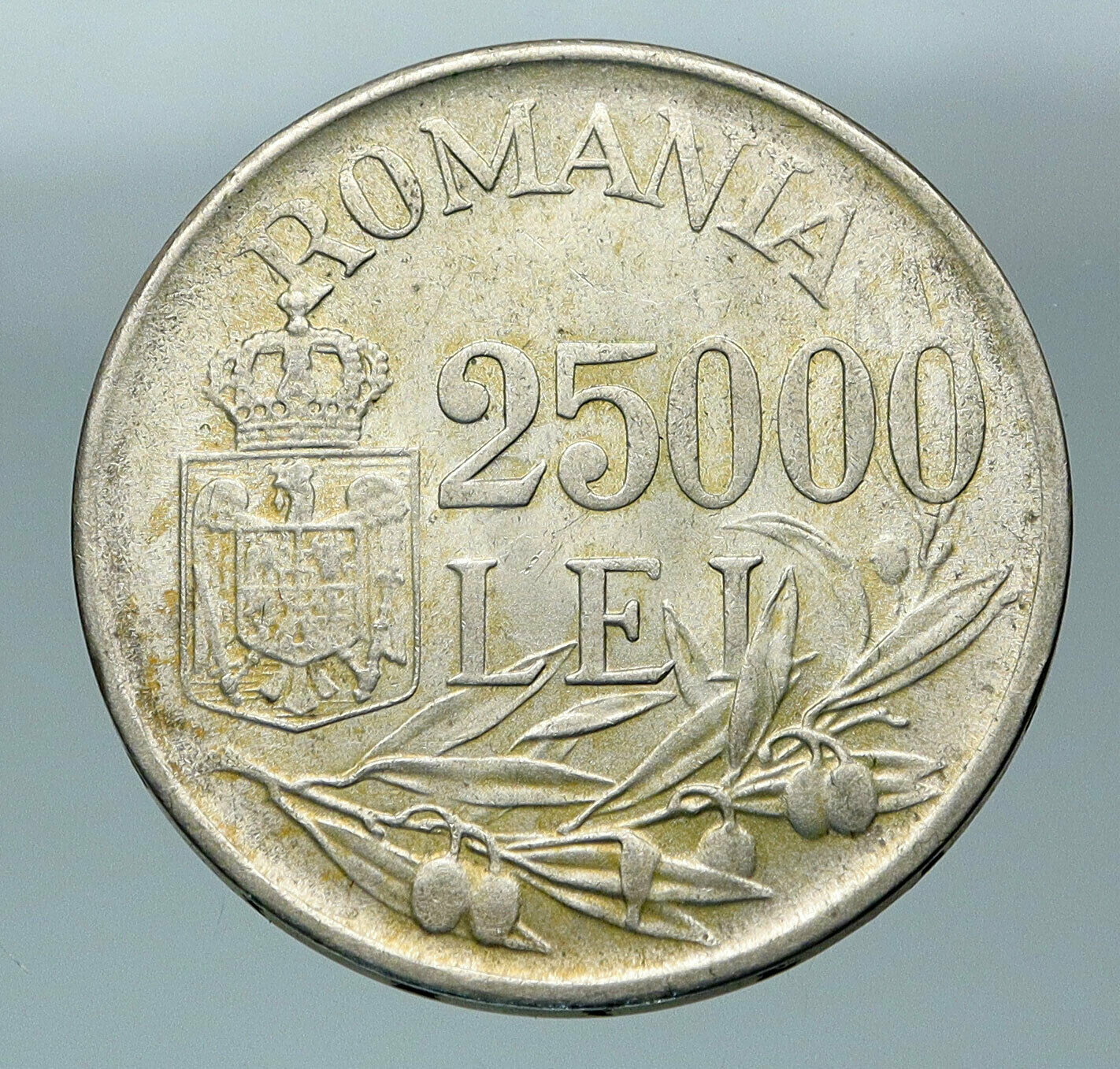 1946 ROMANIA King Michael I Shield Genuine Silver 25000 Lei Romanian Coin i84417