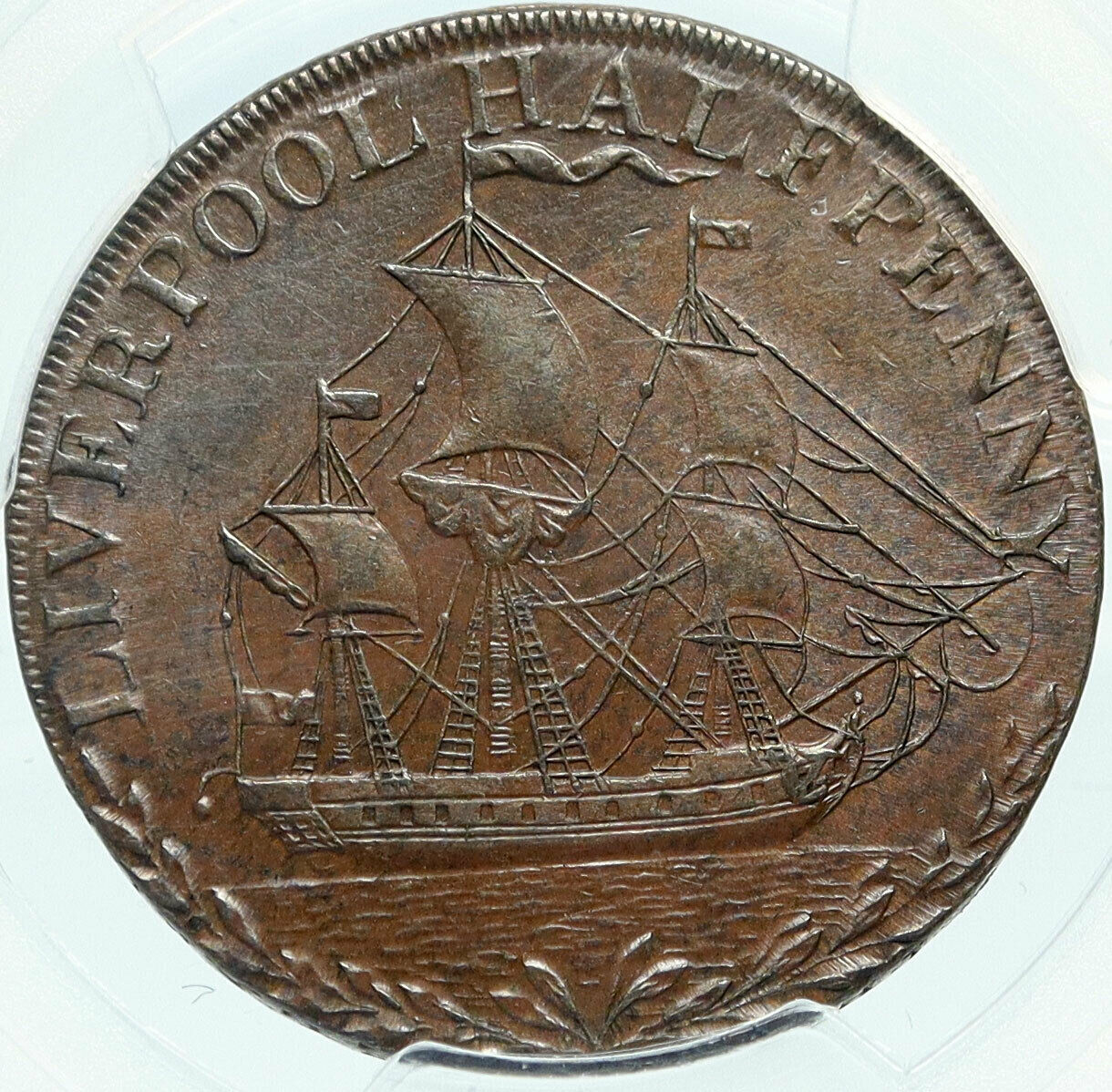 1791 ENGLAND Lancashire Liverpool OLD SHIP Conder 1/2 Penny PCGS Coin i84003