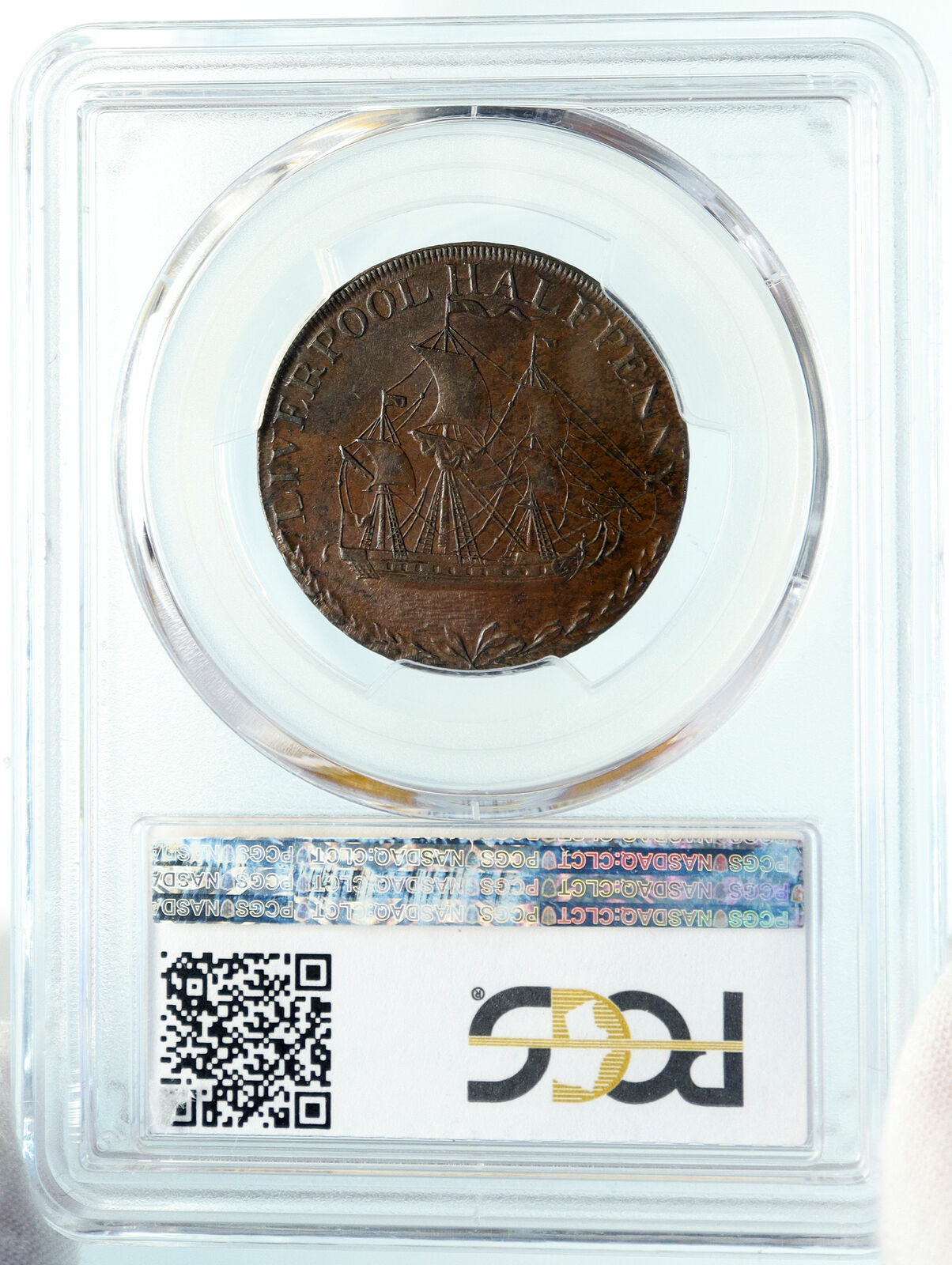 1791 ENGLAND Lancashire Liverpool OLD SHIP Conder 1/2 Penny PCGS Coin i84003