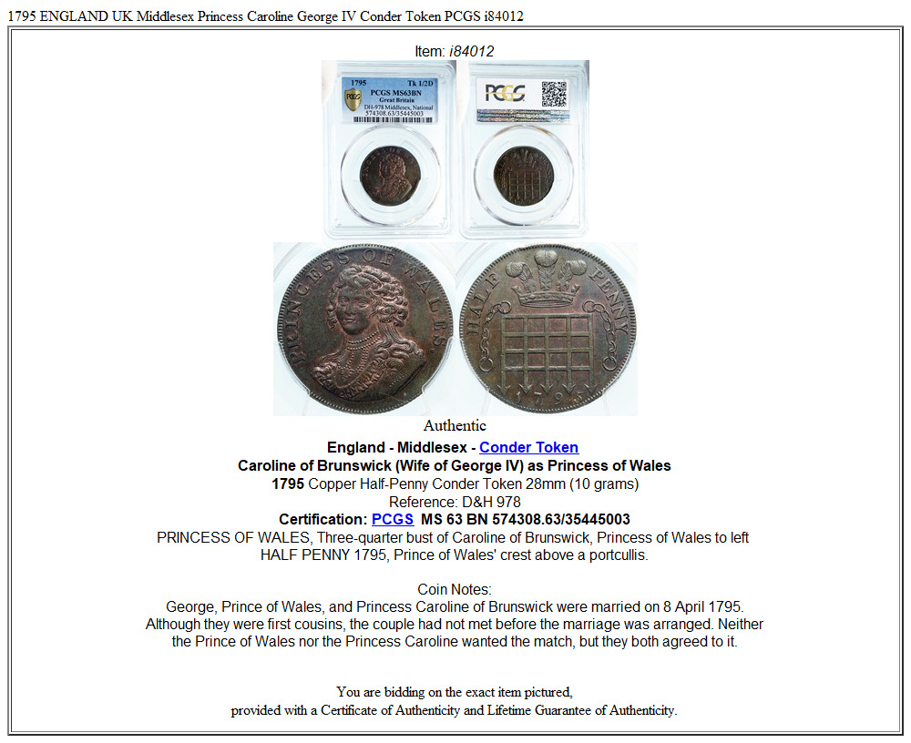 1795 ENGLAND UK Middlesex Princess Caroline George IV Conder Token PCGS i84012