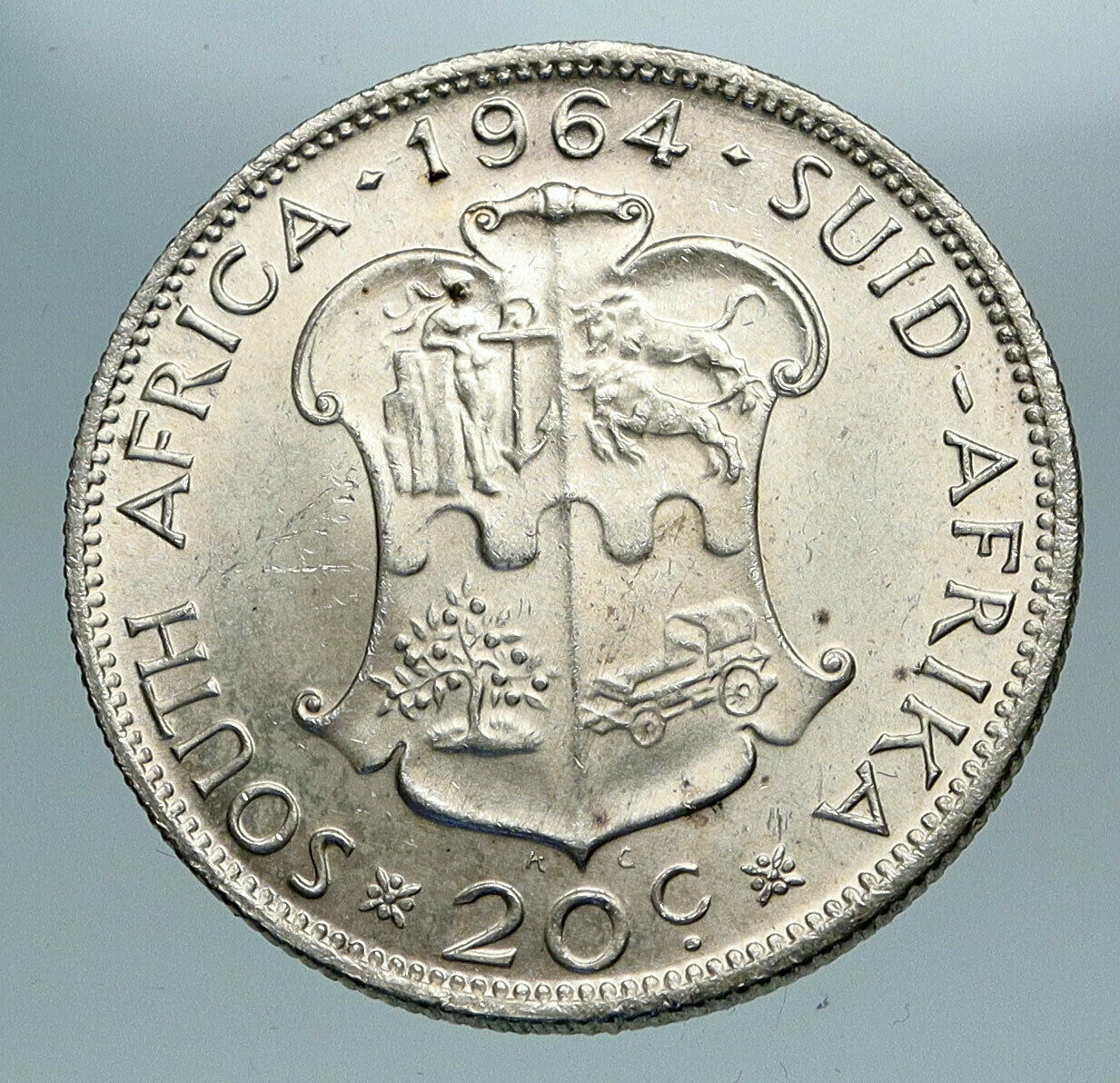 1964 SOUTH AFRICA Queen Elizabeth II Riebeeck Genuine Silver 20 Cent Coin i84234