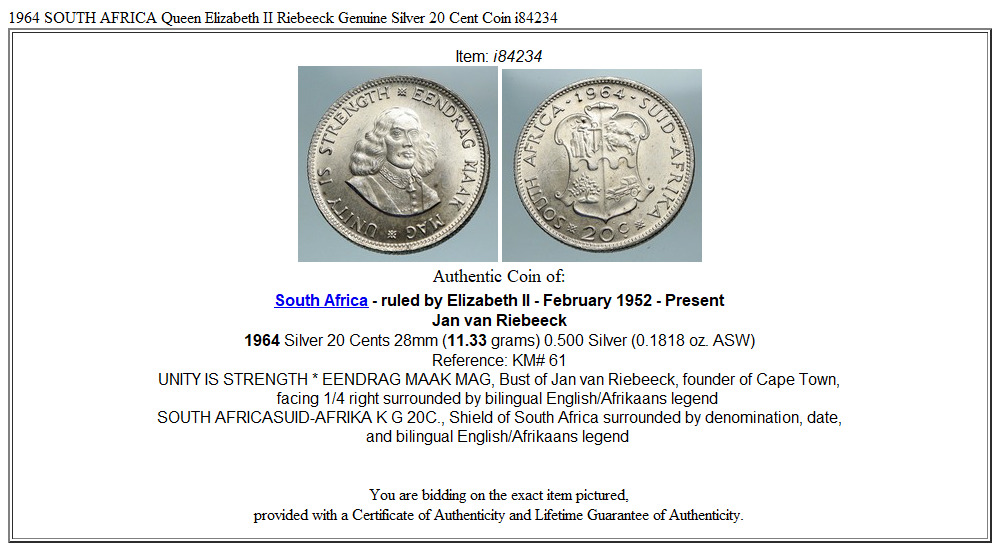 1964 SOUTH AFRICA Queen Elizabeth II Riebeeck Genuine Silver 20 Cent Coin i84234