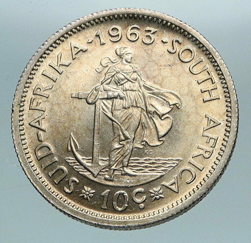 1963 SOUTH AFRICA Jan van Riebeeck Woman Anchor Silver 10 Cents Coin i84233