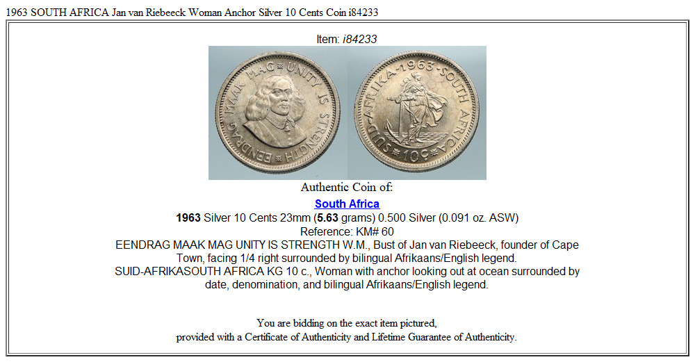 1963 SOUTH AFRICA Jan van Riebeeck Woman Anchor Silver 10 Cents Coin i84233