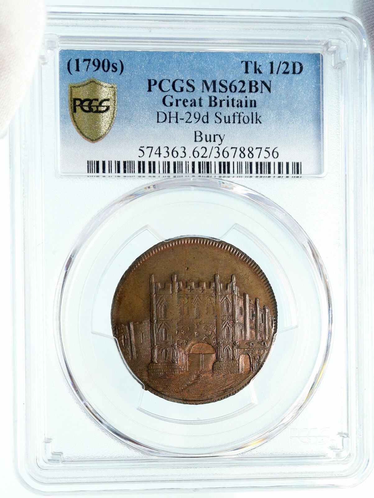 1790 ENGLAND UK Suffolk Bury Abbey Gate Antique 1/2 P Conder Token PCGS i84019