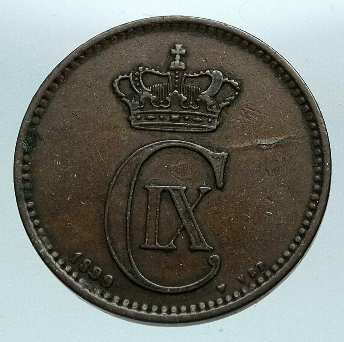 1899 DENMARK King Christian IX Dolphin Porpoise Barley Antique 5 Ore Coin i84238