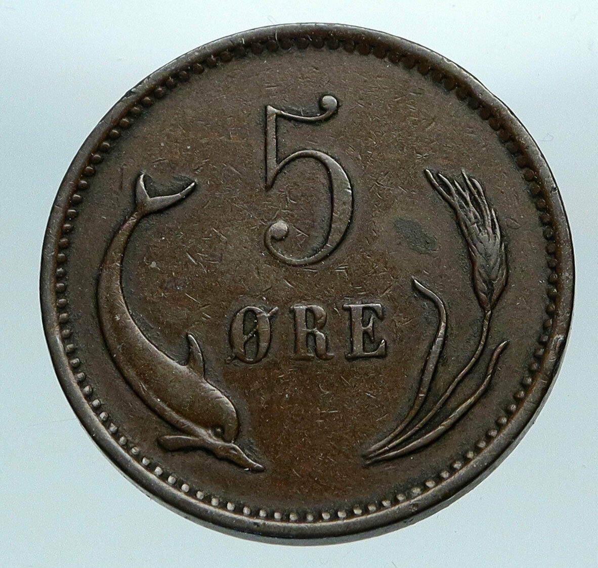 1899 DENMARK King Christian IX Dolphin Porpoise Barley Antique 5 Ore Coin i84238