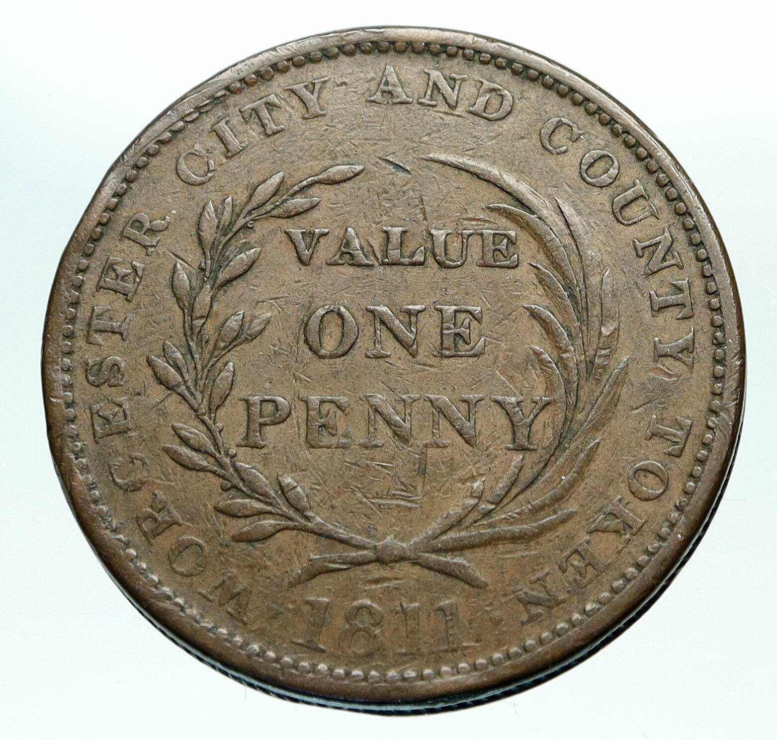 1811 ENGLAND UK Worcester House of Industry Castle OLD Penny Conder Token i84240