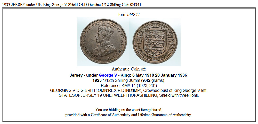 1923 JERSEY under UK King George V Shield OLD Genuine 1/12 Shilling Coin i84241