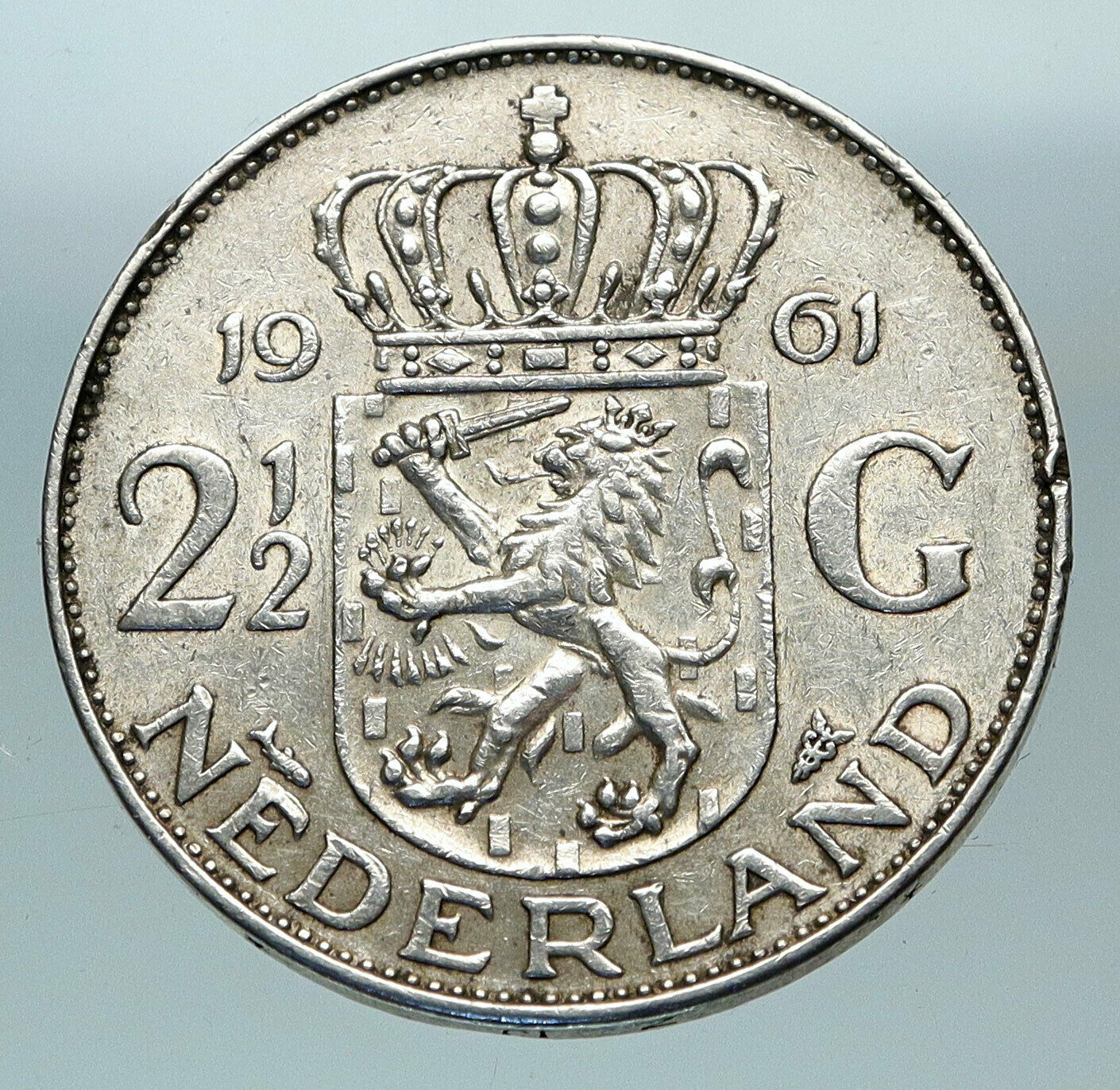 1961 Netherlands Kingdom Queen JULIANA Vintage Silver 2 1/2 Gulden Coin i84290