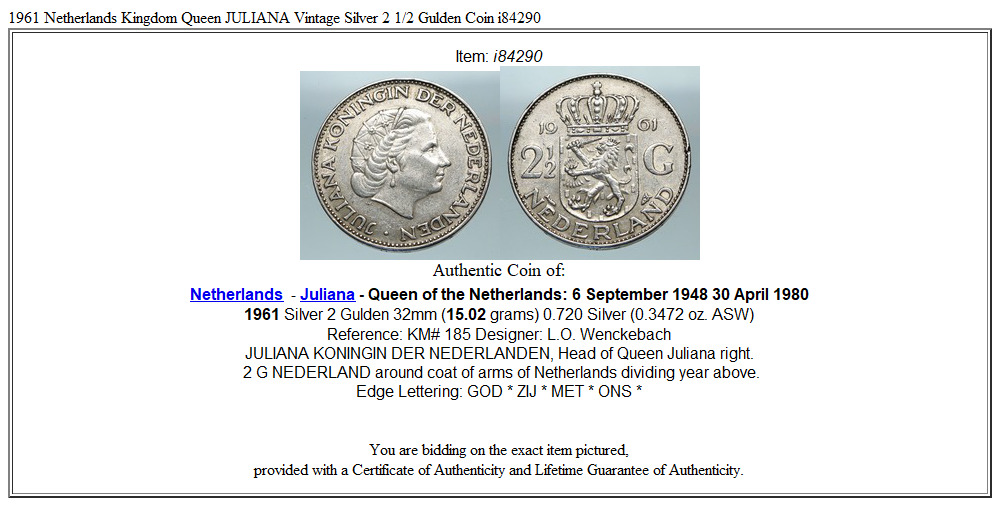 1961 Netherlands Kingdom Queen JULIANA Vintage Silver 2 1/2 Gulden Coin i84290