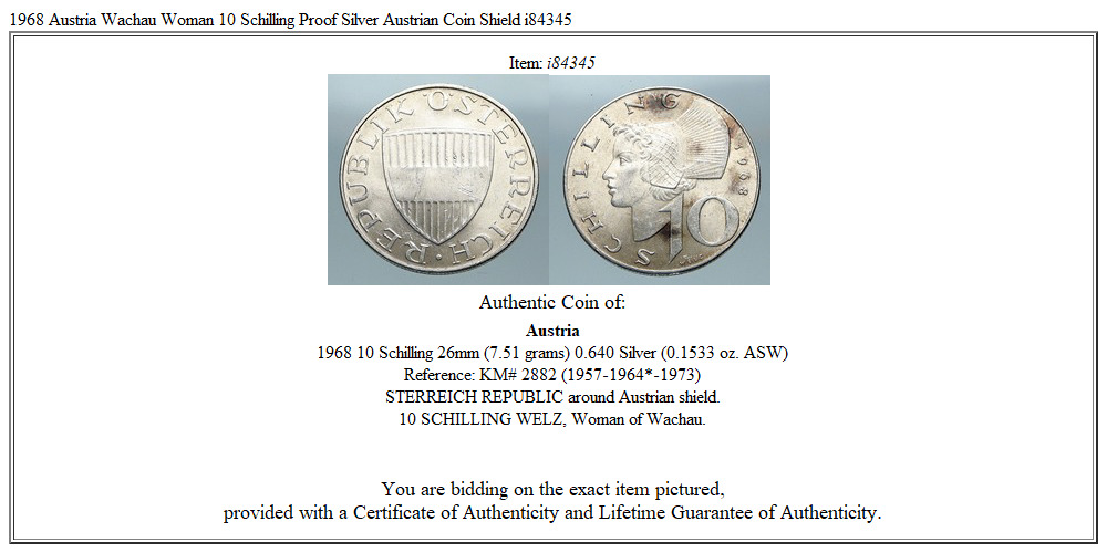 1968 Austria Wachau Woman 10 Schilling OLD Silver Austrian Coin Shield i84345