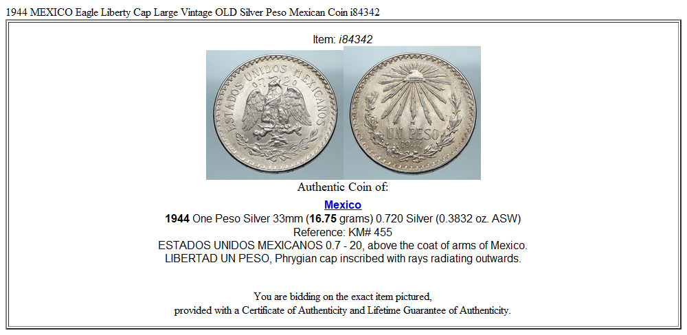 1944 MEXICO Eagle Liberty Cap Large Vintage OLD Silver Peso Mexican Coin i84342