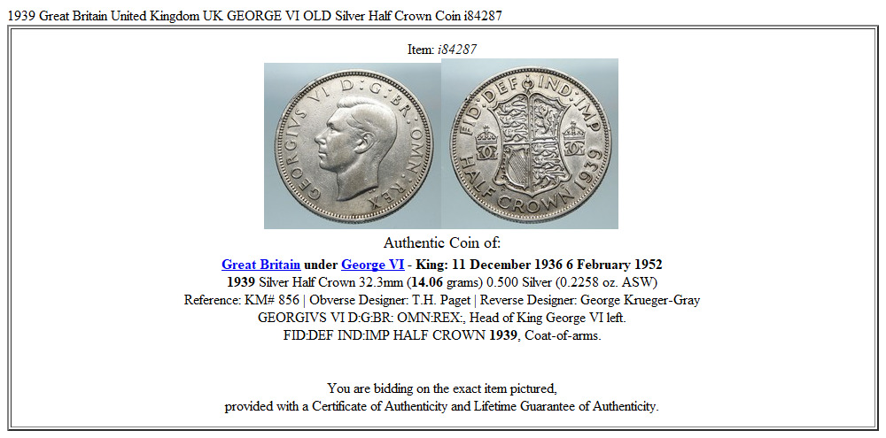 1939 Great Britain United Kingdom UK GEORGE VI OLD Silver Half Crown Coin i84287