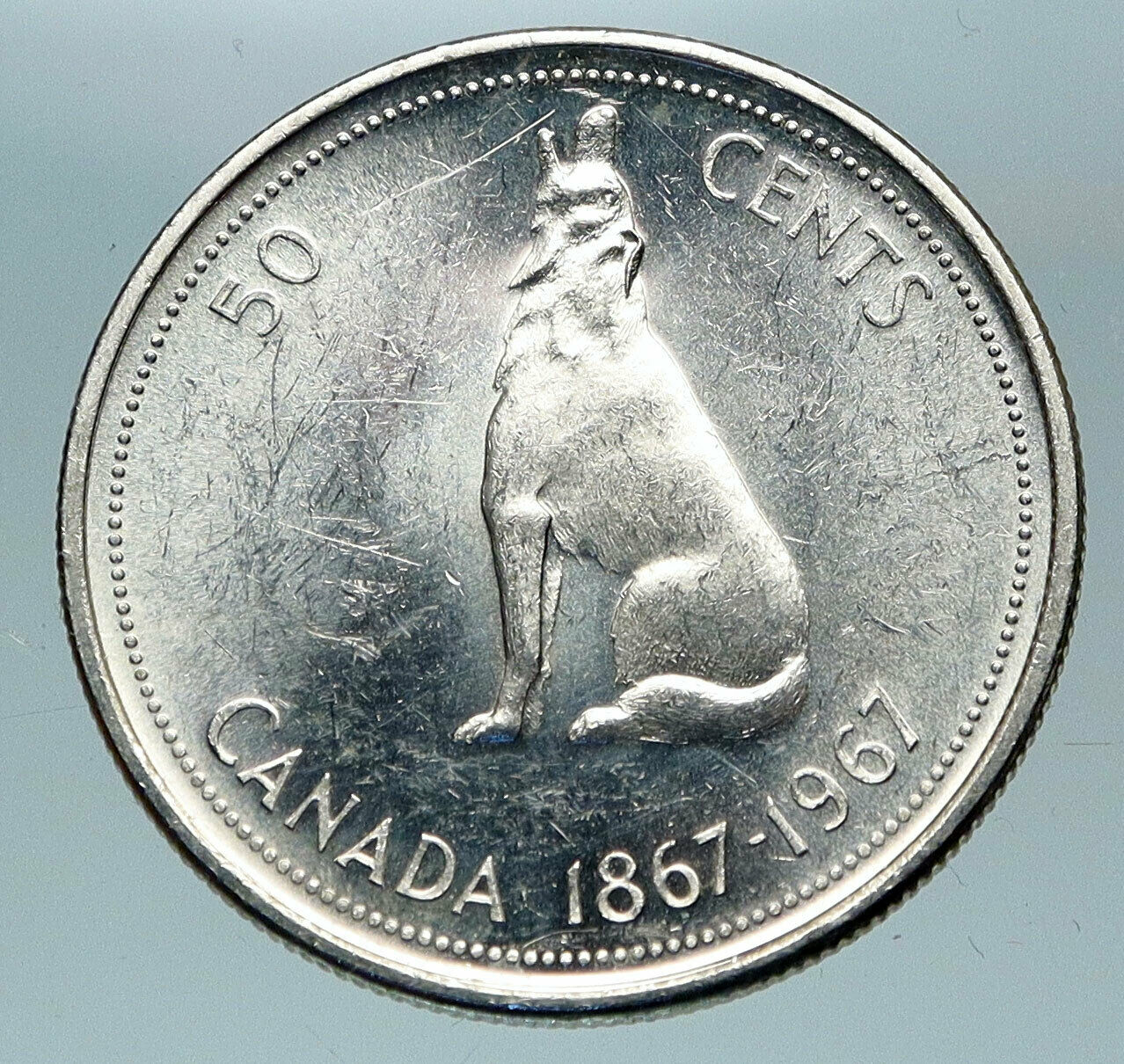 1967 CANADA UK Queen ELIZABETH II Wolf Howls Vintage Silver 50 Cents Coin i84292