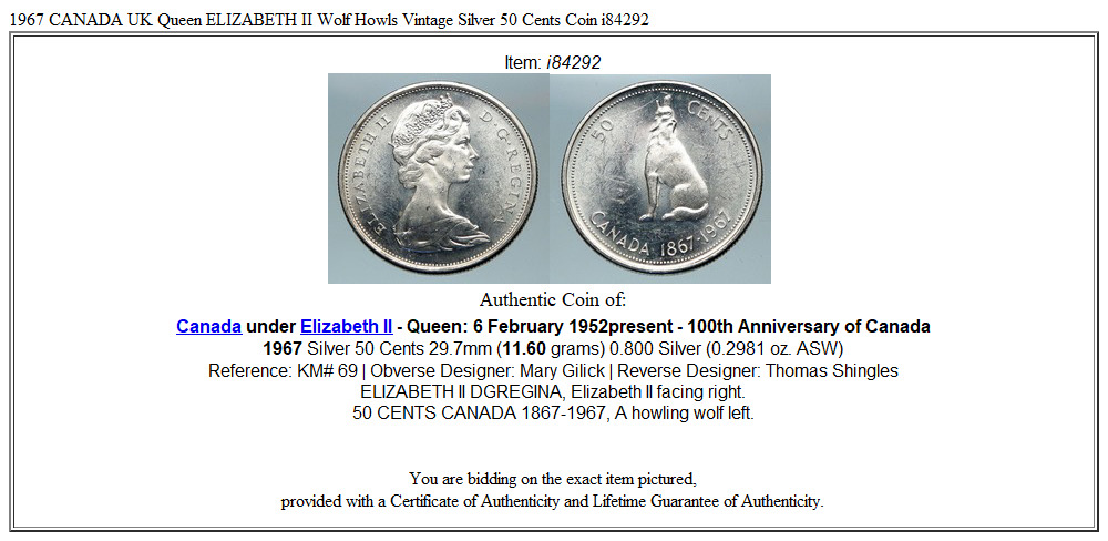 1967 CANADA UK Queen ELIZABETH II Wolf Howls Vintage Silver 50 Cents Coin i84292