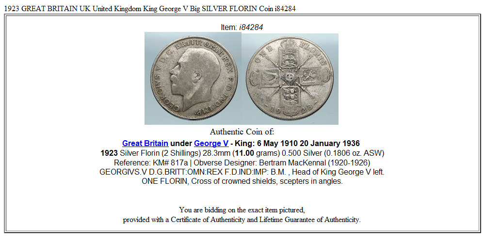 1923 GREAT BRITAIN UK United Kingdom King George V Big SILVER FLORIN Coin i84284