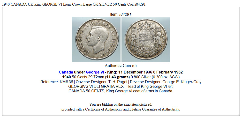 1940 CANADA UK King GEORGE VI Lions Crown Large Old SILVER 50 Cents Coin i84291