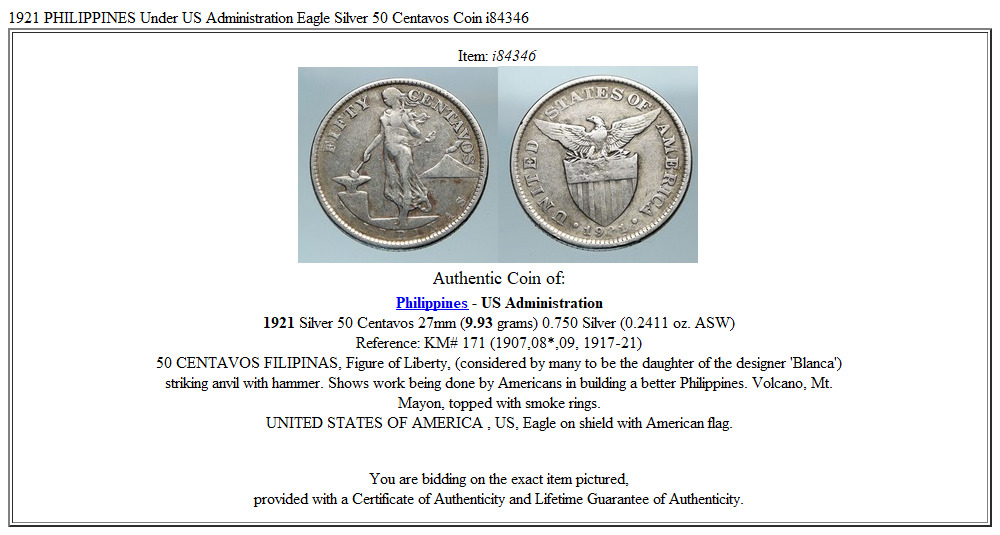 1921 PHILIPPINES Under US Administration Eagle Silver 50 Centavos Coin i84346