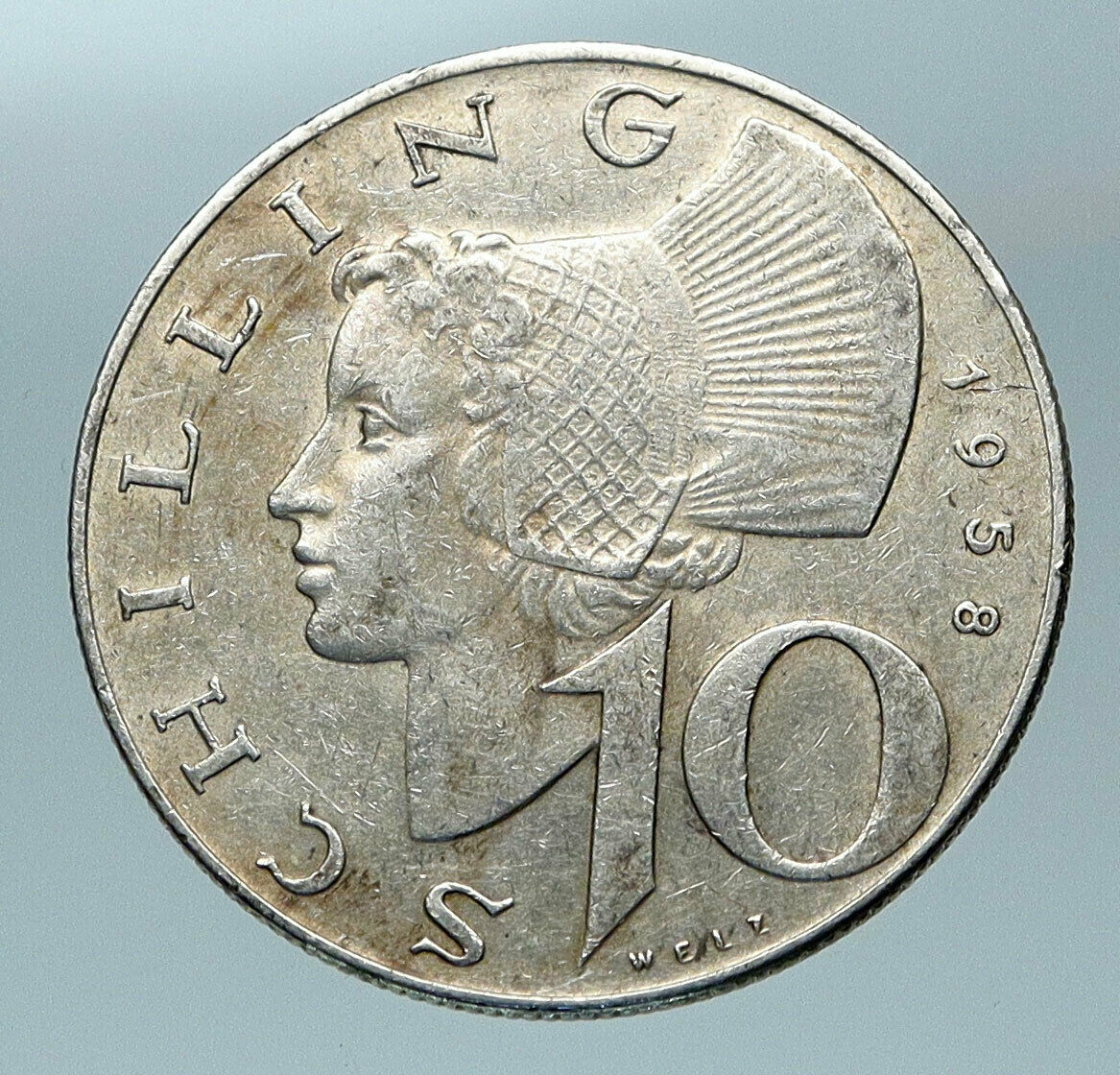 1958 Austria Wachau Woman 10 Schilling OLD Silver Austrian Coin Shield i84355