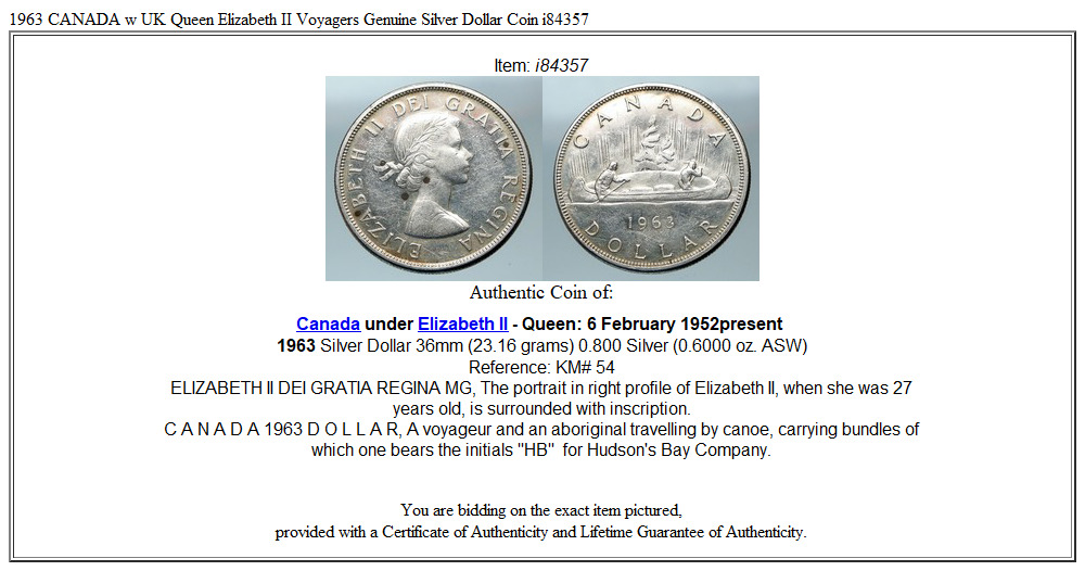 1963 CANADA w UK Queen Elizabeth II Voyagers Genuine Silver Dollar Coin i84357