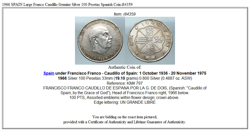 1966 SPAIN Large Franco Caudillo Genuine Silver 100 Pesetas Spanish Coin i84359