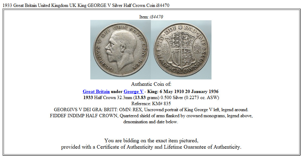 1933 Great Britain United Kingdom UK King GEORGE V Silver Half Crown Coin i84470