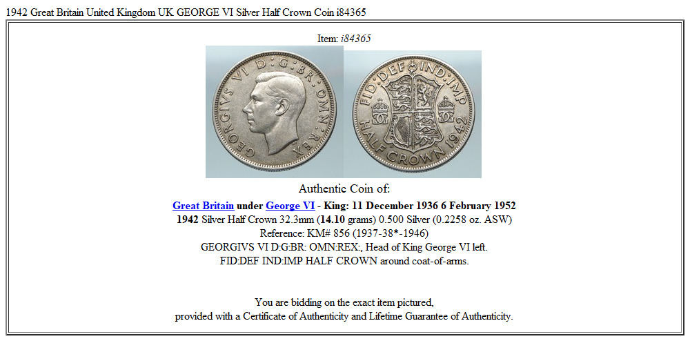 1942 Great Britain United Kingdom UK GEORGE VI Silver Half Crown Coin i84365