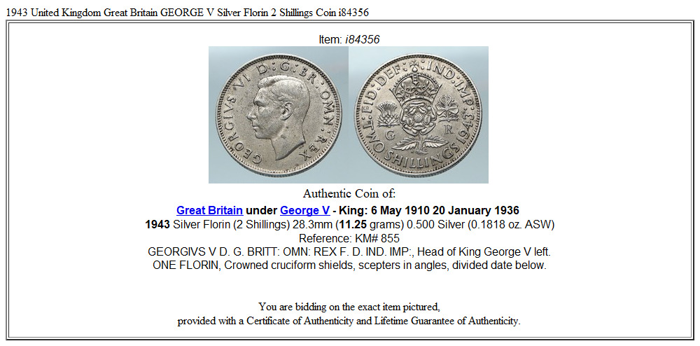 1943 United Kingdom Great Britain GEORGE V Silver Florin 2 Shillings Coin i84356