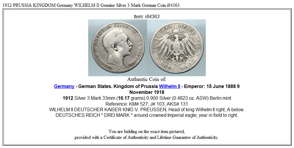 1912 PRUSSIA KINGDOM Germany WILHELM II Genuine Silver 3 Mark German Coin i84363