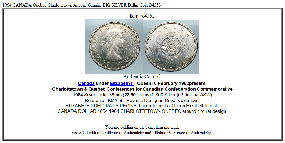 1964 CANADA Quebec Charlottetown Antique Genuine BIG SILVER Dollar Coin i84353