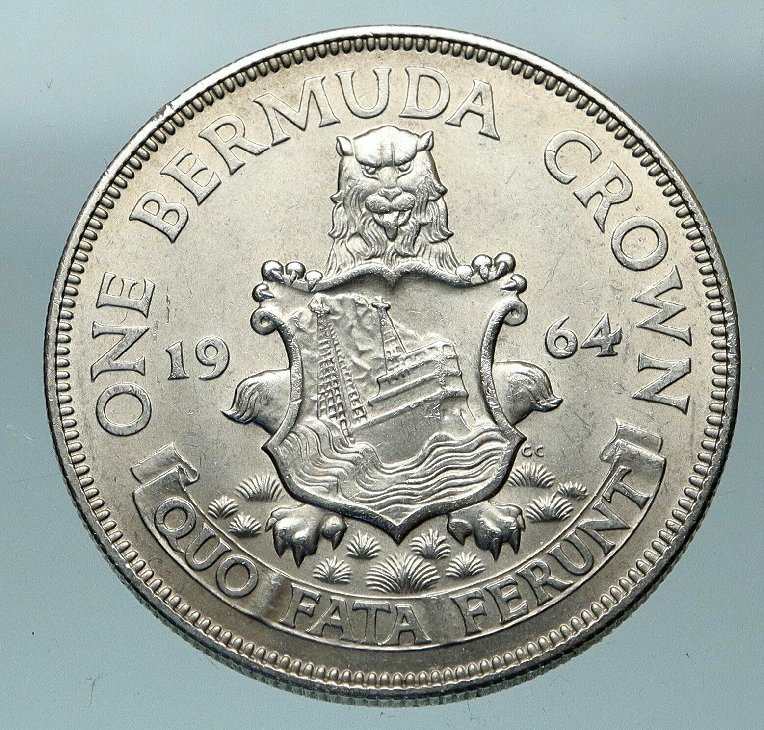 1964 BERMUDA British Colony LARGE Elizabeth II Antique Silver Crown Coin i84466