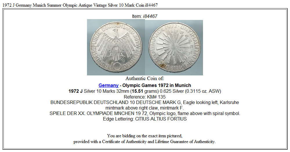 1972 J Germany Munich Summer Olympic Antique Vintage Silver 10 Mark Coin i84467