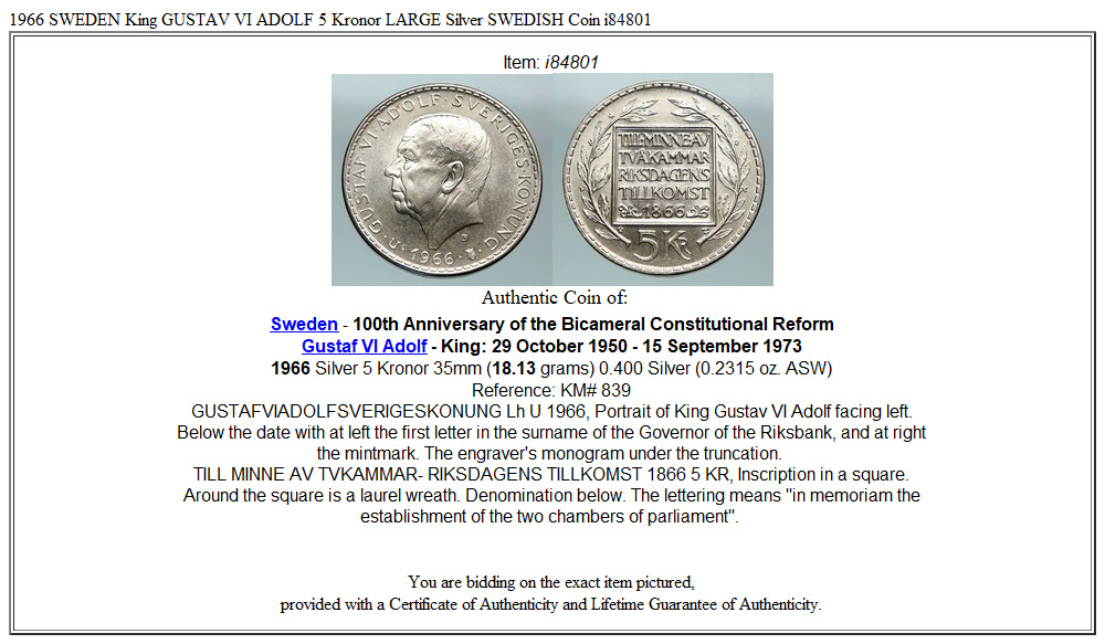 1966 SWEDEN King GUSTAV VI ADOLF 5 Kronor LARGE Silver SWEDISH Coin i84801