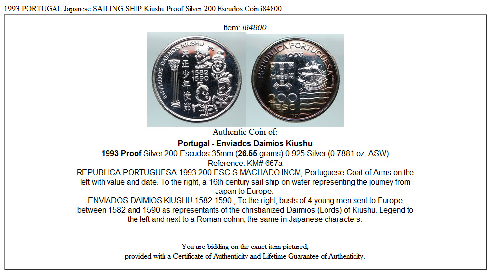 1993 PORTUGAL Japanese SAILING SHIP Kiushu Proof Silver 200 Escudos Coin i84800