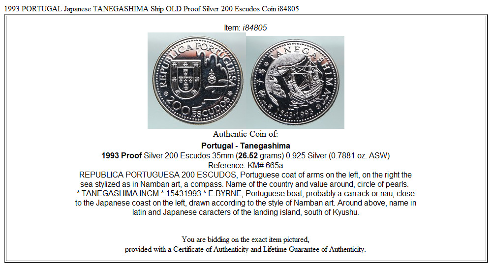 1993 PORTUGAL Japanese TANEGASHIMA Ship OLD Proof Silver 200 Escudos Coin i84805