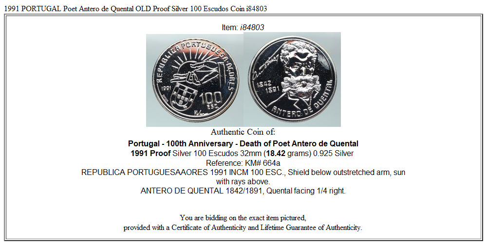 1991 PORTUGAL Poet Antero de Quental OLD Proof Silver 100 Escudos Coin i84803