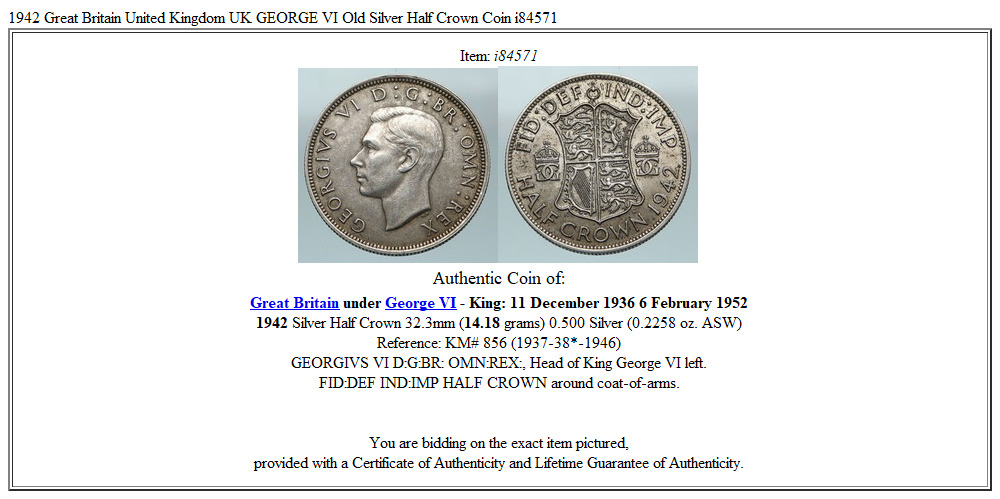 1942 Great Britain United Kingdom UK GEORGE VI Old Silver Half Crown Coin i84571