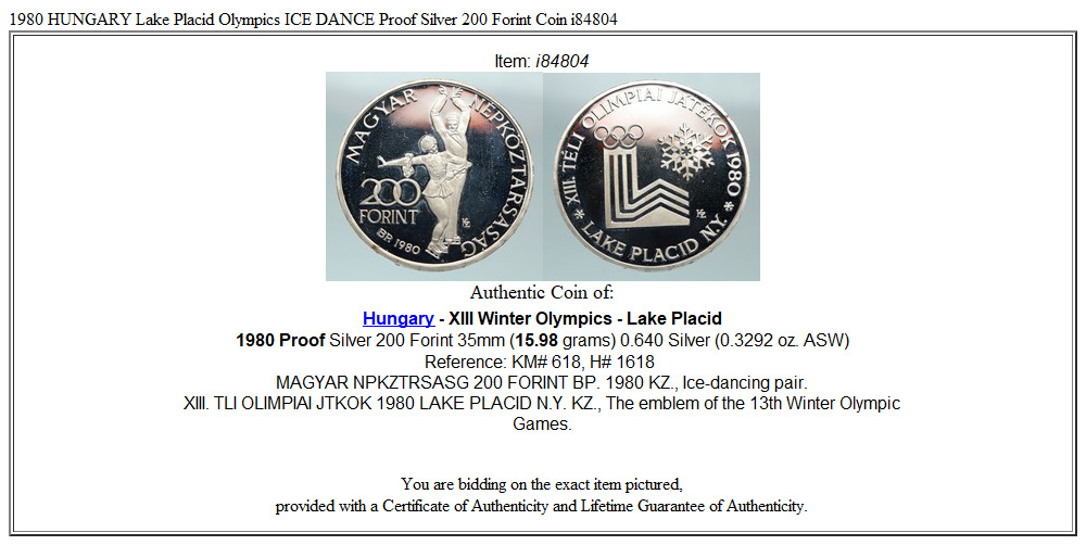 1980 HUNGARY Lake Placid Olympics ICE DANCE Proof Silver 200 Forint Coin i84804