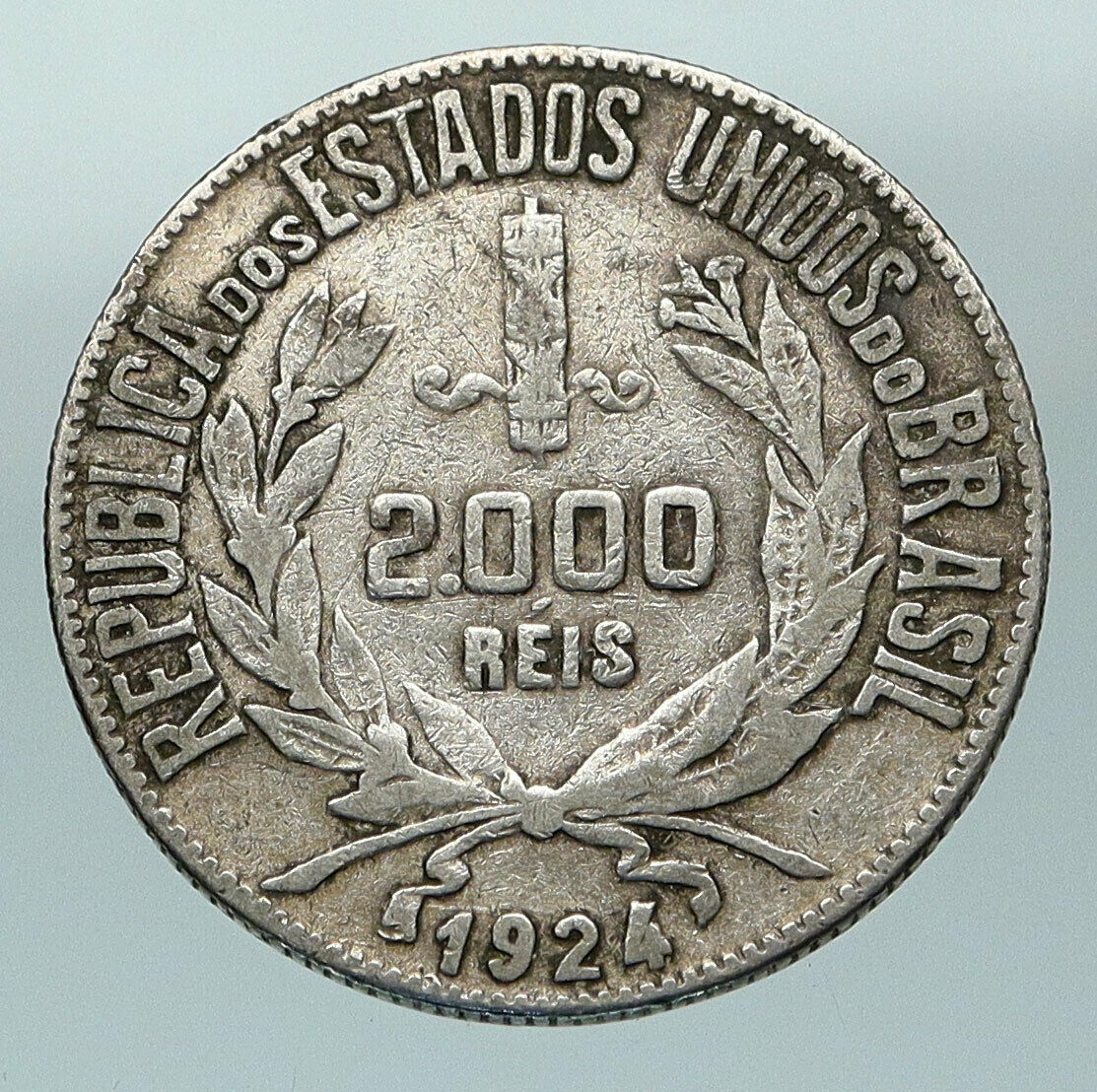 1924 BRAZIL Woman of Republic OLD Antique Brazilian Silver 2000 Reis Coin i84580