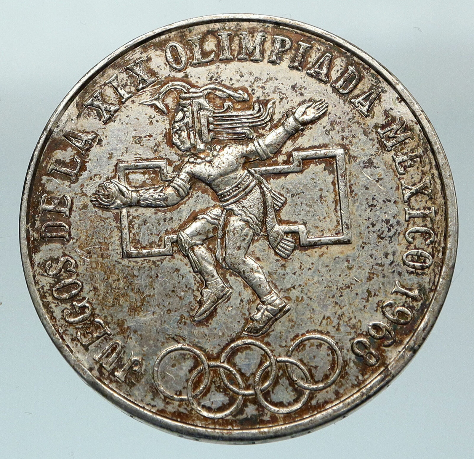 1968 Mexico XIX Olympic Games Aztec Ball Player BIG 25 Pesos Silver Coin i84594