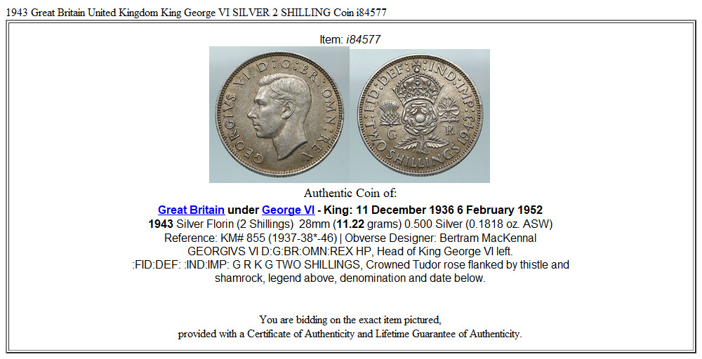 1943 Great Britain United Kingdom King George VI SILVER 2 SHILLING Coin i84577