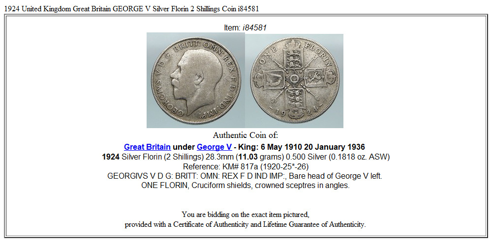 1924 United Kingdom Great Britain GEORGE V Silver Florin 2 Shillings Coin i84581