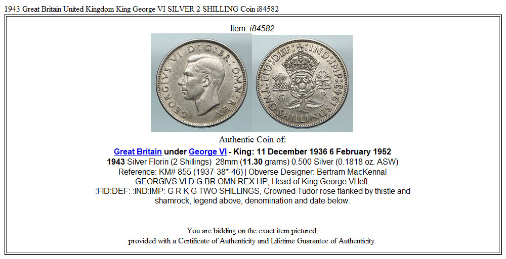 1943 Great Britain United Kingdom King George VI SILVER 2 SHILLING Coin i84582