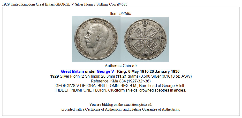 1929 United Kingdom Great Britain GEORGE V Silver Florin 2 Shillings Coin i84585