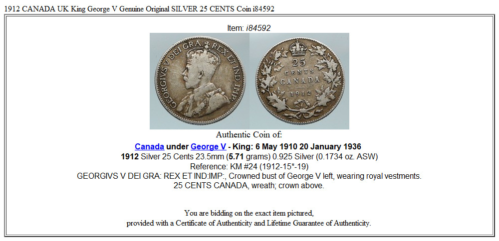 1912 CANADA UK King George V Genuine Original SILVER 25 CENTS Coin i84592